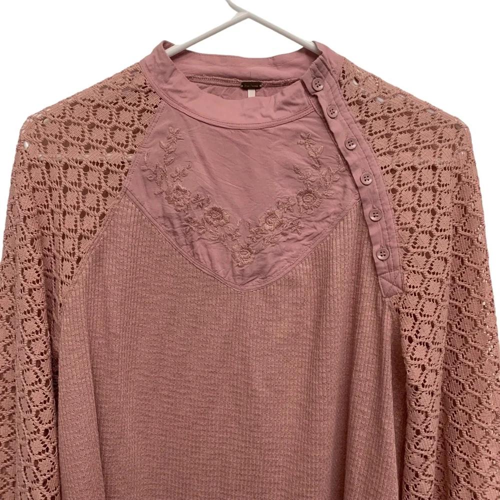 Free People Embroidered Crocheted Thermal High Neck Top